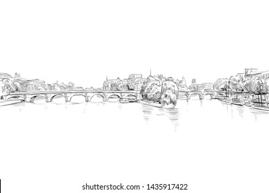 Pont neof old bridge, river Seine. Paris. France. Urban sketch. Hand drawn vector illustration