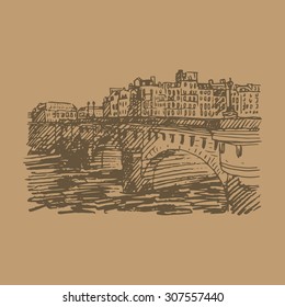 Pont Neuf (New Bridge), Paris, France. Vector quick sketch