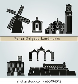 Ponta Delgada landmarks and monuments isolated on blue background in editable vector file