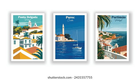 Ponta Delgada, Portugal. Porec, Croatia. Portimão, Portugal - Set of 3 Vintage Travel Posters. Vector illustration. High Quality Prints