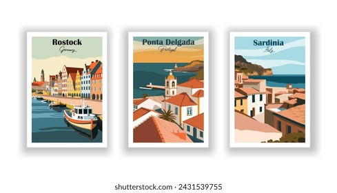 Ponta Delgada, Portugal. Rostock, Alemania. Cerdeña, Italia - Set de 3 Carteles de Viajes Vintage. Ilustración vectorial. Impresiones de alta calidad