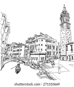 Ponte del Mondo Novo, Campo S.Maria Formosa. Venice, Italy. Black and white vector sketch