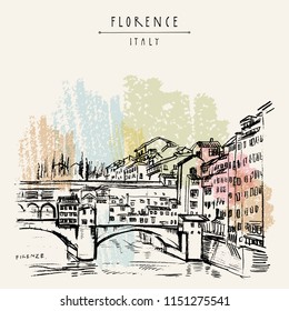 Ponte Vecchio bridge in Florence, Italy, Europe. Vintage travel sketch. Retro style touristic postcard, poster template or book illustration in vector