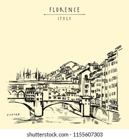 Ponte Vecchio bridge in Florence, Italy, Europe. Vintage travel sketch. Retro style touristic postcard, poster template or book illustration in vector