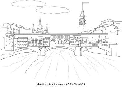 Ponte Vecchio Ponte em Florença Itália Desenho de linha, Um simples desenho de linha preto e branco ilustração da icônica Ponte Vecchio que atravessa o rio Arno em Florença, Itália. O