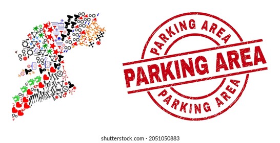Pontevedra Province map mosaic and scratched Parking Area red round badge. Parking Area badge uses vector lines and arcs. Pontevedra Province map mosaic contains markers, homes, wrenches, suns, stars,