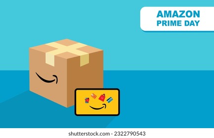 Pontianak 26 Jun 2023, a box set with an Amazon Prime icon and a tablet phone with a bright blue background commemorating Amazon Prime Day
