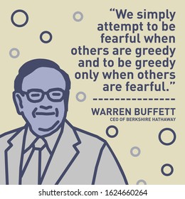 Pontianak, Indonesia - January 24, 2020
Illustration of Warren Buffett smiling in cartoon form with words beside him