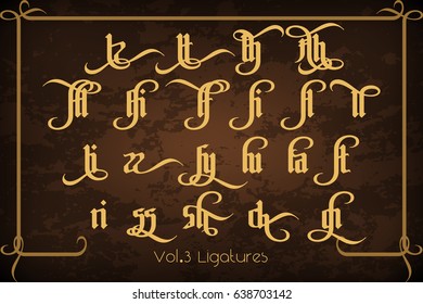 The Pontifice - vintage gothic label font. Vector typeface with swashes, alternate glyphs and ligatures on the old dark background. 