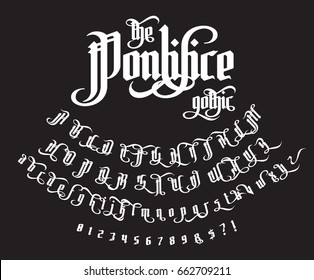 The Pontifice - vintage gothic label font. Vector typeface with swashes, alternate glyphs and ligatures on the old dark background. 