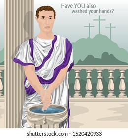 Pontius Pilate Washing His Hands With Crucifixion In Background