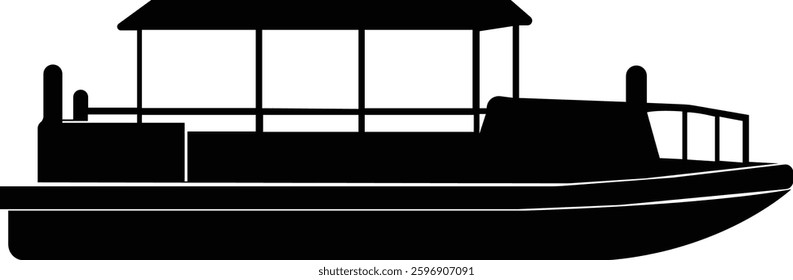 Pontoon boat icon.Passenger transportation canopy marine leisure activity.Water transport ship vessel sea ocean river comfortable cruise recreation.boat Vector Illustrations for Design.