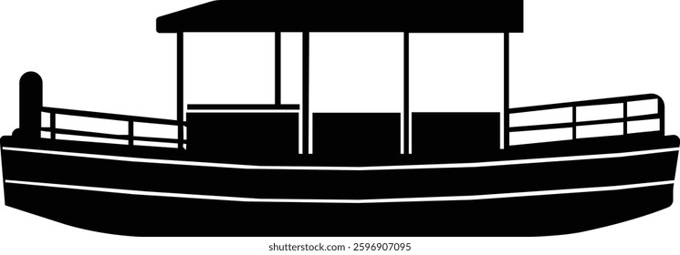 Pontoon boat icon.Passenger transportation canopy marine leisure activity.Water transport ship vessel sea ocean river comfortable cruise recreation.boat Vector Illustrations for Design.