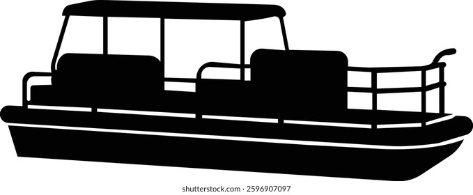 Pontoon boat icon.Passenger transportation canopy marine leisure activity.Water transport ship vessel sea ocean river comfortable cruise recreation.boat Vector Illustrations for Design.