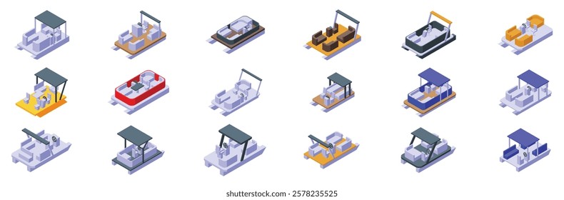 Pontoon boat icons set. Set of pontoon boats presenting various designs, colors and functionalities, ideal for representing leisure activities, water transport and summer vacations