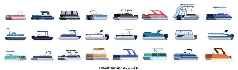 Pontoon boat icons set. Set of isolated images with various models of pontoon boats for leisure and fishing on water surface