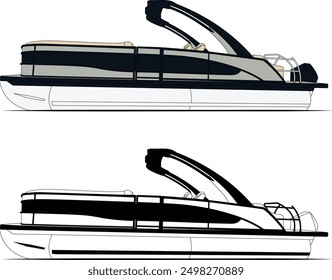 Pontoon boat vector line art illustration and one color