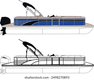 Pontoon boat vector line art illustration and one color