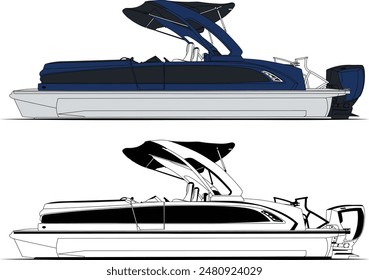 Pontoon boat vector, boat vector, motorboat vector, line art illustration