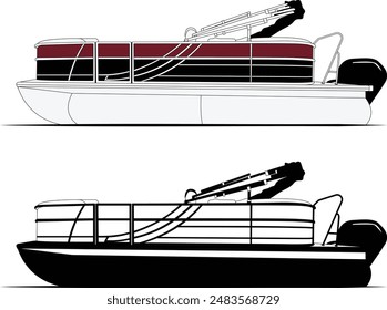 Pontoon boat vector, boat vector, motorboat vector, line art illustration