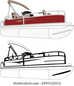 Pontoon boat vector, boat vector, motorboat vector, line art illustration and one color.