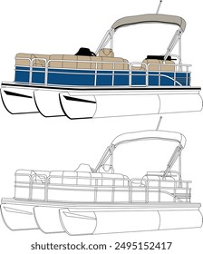 Pontoon boat vector, boat vector, motorboat vector, line art illustration and one color.