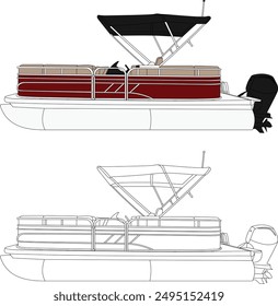 Pontoon boat vector, boat vector, motorboat vector, line art illustration and one color.