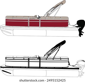 Pontonboot-Vektorgrafik, Boot-Vektorgrafik, Motorboot-Vektorgrafik, Line-Art-Illustration und eine Farbe.