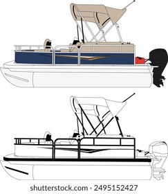 Pontoon boat vector, boat vector, motorboat vector, line art illustration and one color.