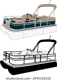 Pontonboot-Vektorgrafik, Boot-Vektorgrafik, Motorboot-Vektorgrafik, Line-Art-Illustration und eine Farbe.