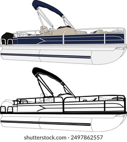 Pontoon boat vector, boat vector, motorboat vector, line art illustration	