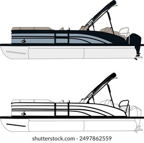 Pontoon boat vector, boat vector, motorboat vector, line art illustration	