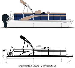 Pontoon boat vector, boat vector, motorboat vector, line art illustration	