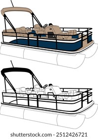 Vetor de barco pontão, vetor de barco, vetor de barco a motor, ilustração de arte de linha