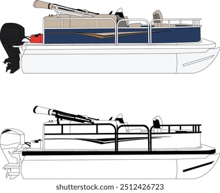 Vetor de barco pontão, vetor de barco, vetor de barco a motor, ilustração de arte de linha