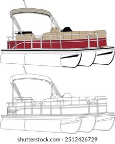 Pontoon boat vector, boat vector, motorboat vector, line art illustration