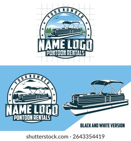 Pontoon boats logo design. Boat rental logo design. Holiday logo design. Pontoon boat with lake vector