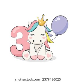 Pony with balloon and number three isolated on white background. Vector illustration