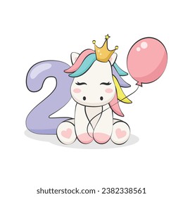 Pony with balloon and number two isolated on white background. Vector illustration