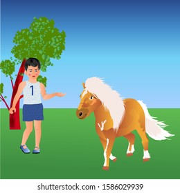 Pony and the boy met for the first time, the pony ran merrily around the boy. Vector illustration