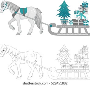 Pony driven sleigh with Christmas gifts and a Christmas tree. Coloring and color image 
