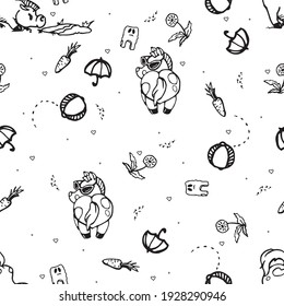 Pony and funny summer things seamless pattern. Vector black and white illustration