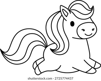 Pony galopando con melena que fluye, cuerpo gordo y cara feliz en el arte de líneas limpias Símbolo de alegría, libertad y fantasía infantil para contenido infantil y marca de animales. Ilustración vectorial de dibujos animados.