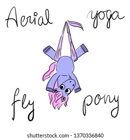 Pony in hammock upside down pose. Aerial animal yoga. Hand drawn sketch isolated on white background.