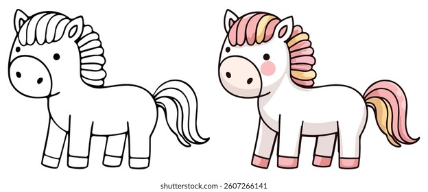 Pony Horse Line Art Vector Outline Illustration Black and White with Coloring Sample