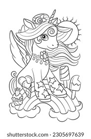 Pony outline. Unicorns vector. Coloring book page unicorn. Children background. Animals coloring page. Animals vector. Magic unicorn cartoon. Sketch animals