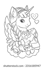 Pony outline. Unicorns vector. Coloring book page unicorn. Children background. Animals coloring page. Animals vector. Magic unicorn cartoon. Sketch animals