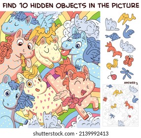 Pony pattern  Find 10 hidden objects in the picture  Puzzle Hidden Items  Funny cartoon character  Vector illustration  Set