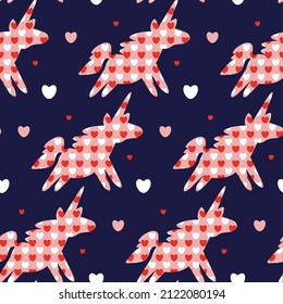 Pony pattern. Print with silhouettes of unicorns in love for design of children's products. Nice seamless wallpaper on dark blue background with stylized fun horses decorated with red heart ornament.