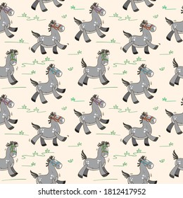 Pony pattern. Vector seamless background with horses. Hand drawn children's cute pattern with little ponies. 